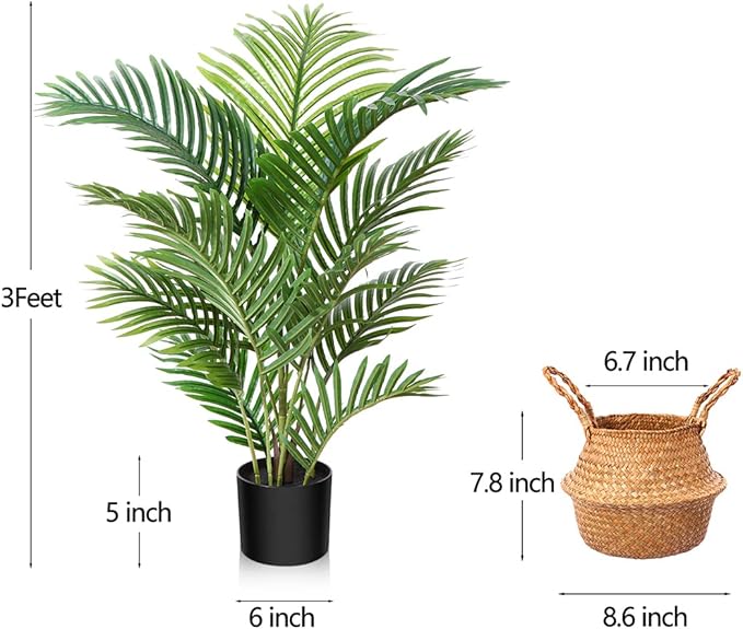 LOMANTO Fake Majesty Palm Plant 3Ft Artificial Plants for Home Decor Indoor Small Faux Trees in Pot Fake Tropical Plants for Housewarming Gift 1Pack