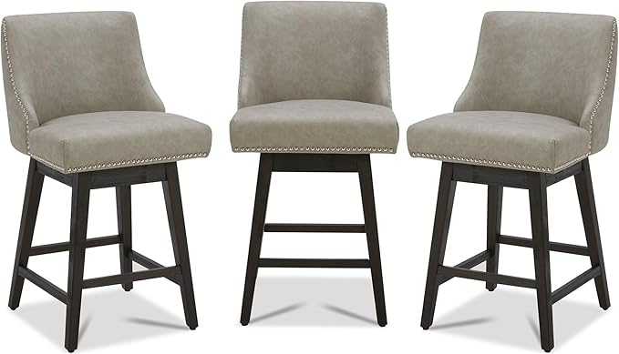 CHITA Counter Height Swivel Bar Stools Set of 3, FSC Certified Upholstered Counter Stools, Modern Swivel Barstools with Wood Legs for Kitchen Island, 26" Seat Height, Faux Leather in Stone Grey