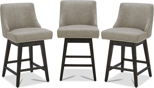 CHITA Counter Height Swivel Bar Stools Set of 3, FSC Certified Upholstered Counter Stools, Modern Swivel Barstools with Wood Legs for Kitchen Island, 26" Seat Height, Faux Leather in Stone Grey