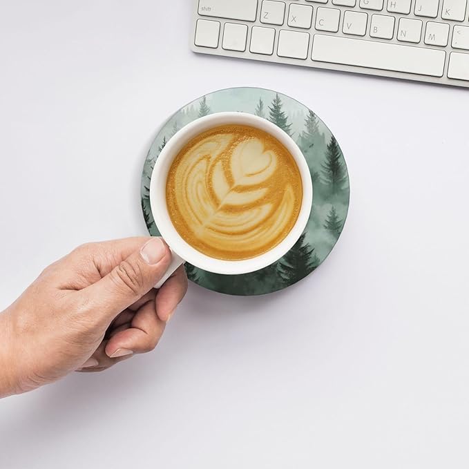 Green Tree Coasters for Drinks Spring Summer Winter Absorbent Ceramic Coaster Set of 4 for Coffee Table Cup Bar Desk Round Coasters Mat with Cork Base Seasonal Home Decors