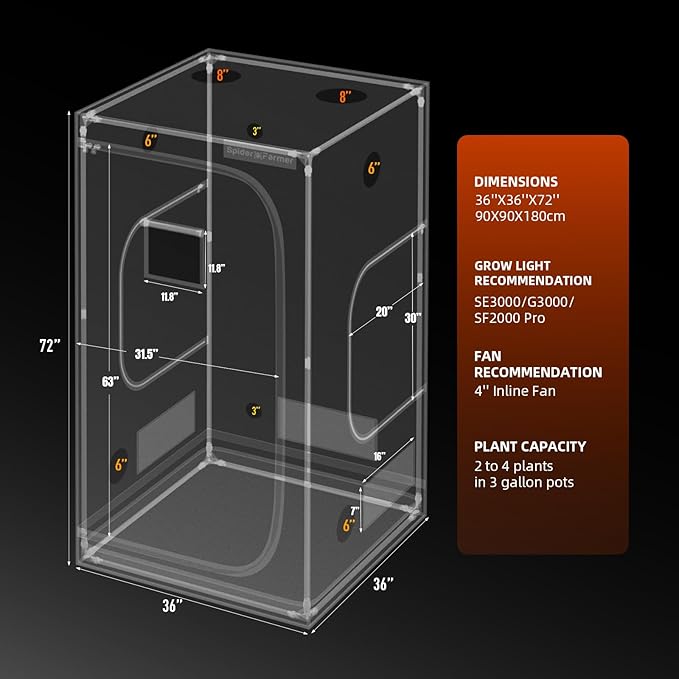 Spider Farmer 3x3 Grow Tent Pro-Grade, 36"x36"x72", with Observation Window and Floor Tray, 1680D Thicken Mylar Canvas 3x3x6 for Indoor Growing for SF2000Pro, SE3000, G3000