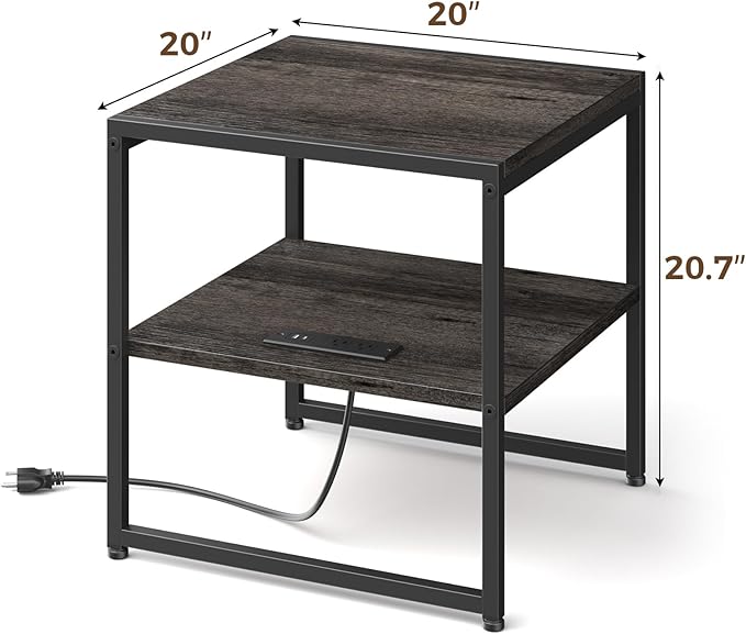 Tatub 20" End Table with Charging Station, Industrial Square Side Table with USB Ports & Outlets, Versatile 2-Tier Small Nightstand for Bedroom Living Room, Grey