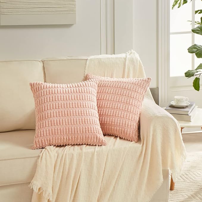 Fancy Homi 2 Packs Blush Pink Decorative Throw Pillow Covers 14x14 Inch for Living Room Couch Bed Sofa, Soft Striped Corduroy Square Cushion Case 35x35 cm, Rustic Farmhouse Boho Home Decor