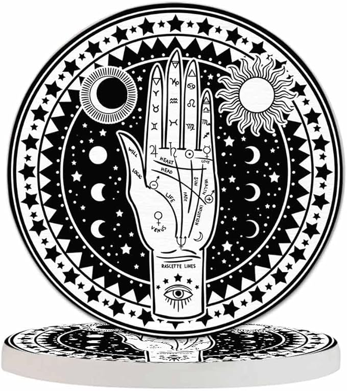Fortune Teller Hand Coasters Set for Wood Table Palmistry Diagram Fate Mystic Occult Symbols Moon Star Sun Eye Tabletop Protection Mat for Mugs and Cups 4 Inch for Kitchen Office Home