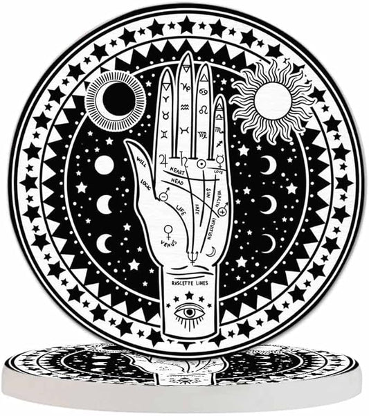 Fortune Teller Hand Coasters Set for Wood Table Palmistry Diagram Fate Mystic Occult Symbols Moon Star Sun Eye Tabletop Protection Mat for Mugs and Cups 4 Inch for Kitchen Office Home