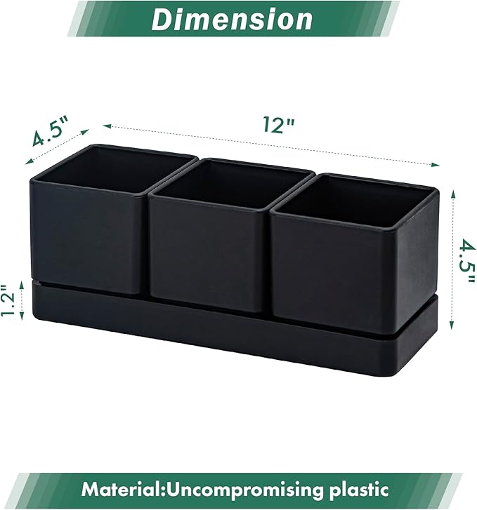 D'vine Dev Herb Garden Planter Set, Plastic Plant Pots with Drainage and Saucer, Indoor Succulent Cactus Vegetable Pot for Windowsill, Garden Balcony, Black, Set of 1, 76-V-B-1