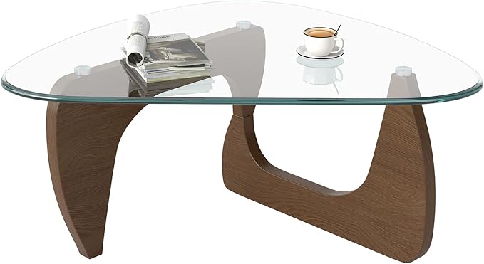 Modern Glass Coffee Table, Triangle Center Table with Tempered Glass Top& Unique Wooden Base, 35.5” Mid Century Tea Tables for Living Room, Apartment, Office,Walnut &Transparent