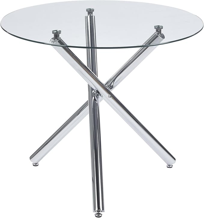 Kitchen Table Classic Dining Table for 4 Round Glass Dining Table 35.43" Kitchen & Dining Room Tables with Metal Legs and Glass Tabletop for Dining Room and Apartment, Silver
