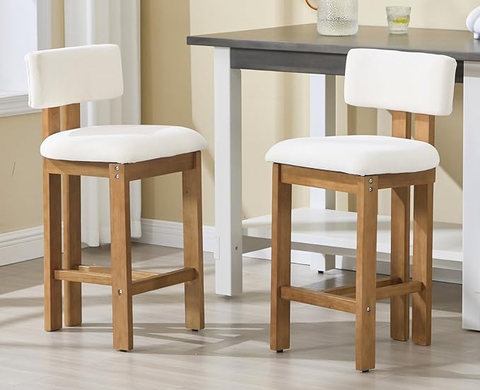 Upholstered Farmhouse Counter Height Bar Stools Set of 2 White Chenille Barstools with Back/Solid Wood Legs, Modern Bar Chairs for Kitchen Island/Home Bar/Pub, 26 Inch