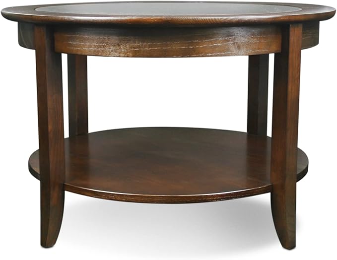 Sheldon Round Glass Top Solid Wood Coffee Table with Shelf, Chocolate Oak Brown – Leick Home, 10037