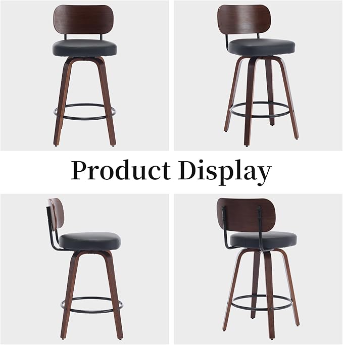 Counter Stools Set of 2, 26 inch Swivel Counter Height Bar Stools with Walnut Back,Upholstered PU Leather, Bentwood Legs, Mid Century Modern Bar Chairs for Kitchen Island, Black