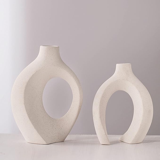 Off White Hollow Ceramic Vase Set of 2, Round Modern Vase for Nordic Minimalist Book Style Shelf Decor, Donut Boho Aesthetic Vases for Trendy Home Living Room Entryway Coffee Table Decorative