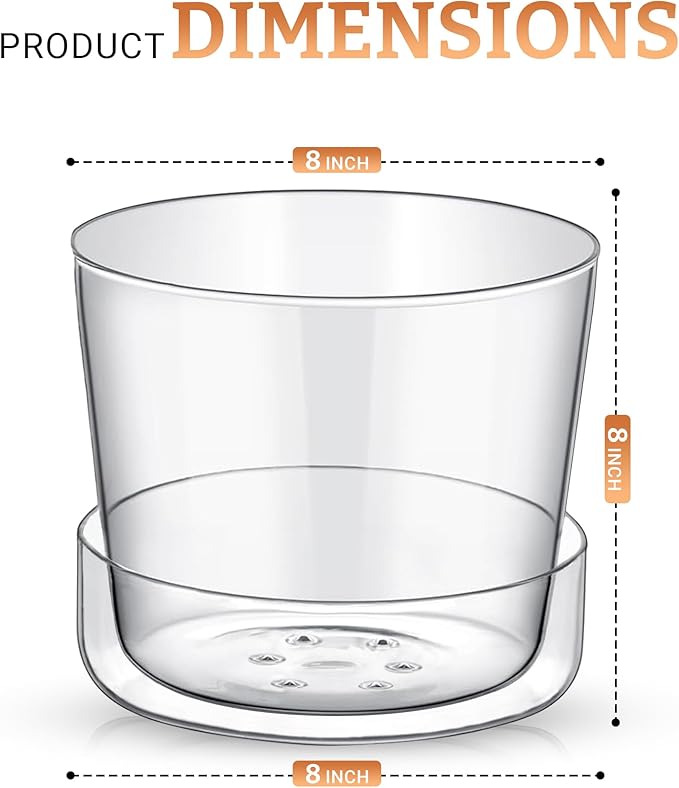 Sheer Glass Pot Planter with Drainage Holes & Tray - Decorative & Modern for All House Plants (8 Inches)