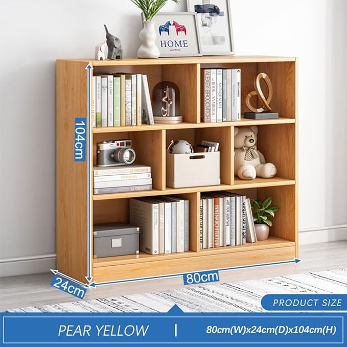 IOTXY Open Shelf Low Bookcase - Wooden 3-Tier Floor Standing Display Cabinet Organizer with Base, 7 Cubes Short Horizontal Bookshelf in Pear Yellow