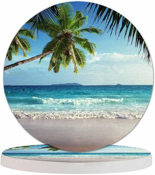 Vintage Beach Drink Coaster Ocean Beautiful Sea Coast Palm Trees Seascape Beautiful Home Decor Diatomite Heat-Resistant Diatomite 4 Inch for Cold Drinks Wine Mugs Cups