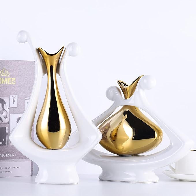 White Gold Abstract Art Ceramic Vases for Home Décor Accent,Nordic Modern Minimalist Vases for Flowers,Shelf,Table Centerpieces,Bookshelf,Fireplace Mantle,Rustic,Wedding,Mid Century Décor