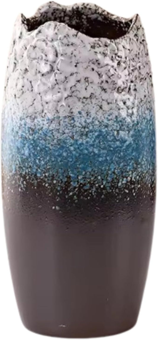 Handcrafted Ceramic Vase – Modern Textured Flower Vase with Gradient Glaze, Rustic Home Décor Accent for Living Room, Office, and Table Centerpiece – Blue, White & Brown