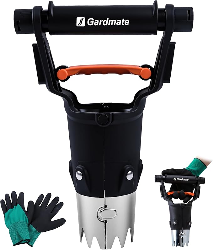 Bulb Planter Tool - One-Touch Automatic Bulb Planter for Bulbs, Seeds & Seedlings - 5" Depth Stainless Steel Garden Bulbs Dibber with Ergonomic Handle - No Bend Planting, Includes Gloves