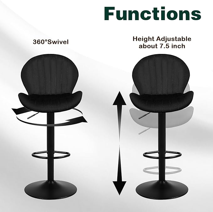 Modern Bar Stools Set of 2, Velvet Height Adjustable Swivel Barstools, Armless Kitchen Island Counter Chairs with Back & Footrest, Black