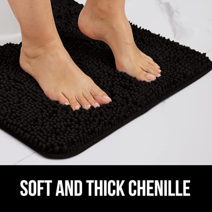 GORILLA GRIP Bath Rug Mat 60x17, Thick Soft Absorbent Chenille, Quick Dry Microfiber Mats, Rubber Backing Washable Shower Floor Rugs, Bathmat Runner, US Designed Bathroom Home Decor Accessories Black