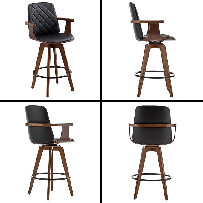 Counter Stools Set of 2, Upholstered Faux Leather Counter Height Bar Stools, Swivel Counter Chairs with Wooden Arms and Legs (Black, 26" Seat Height)