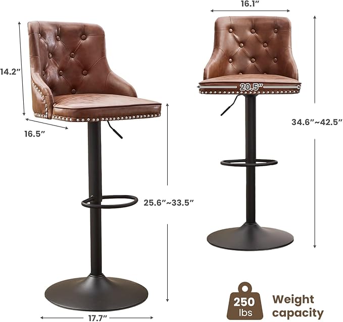 Modern Counter Stools Set of 2, Swivel Counter Height Bar Stools with Back and Armrests, 25'' to 33'' Adjustable Height PU Leather Bar Chairs with Rivets for Kitchen Island, Light Brown