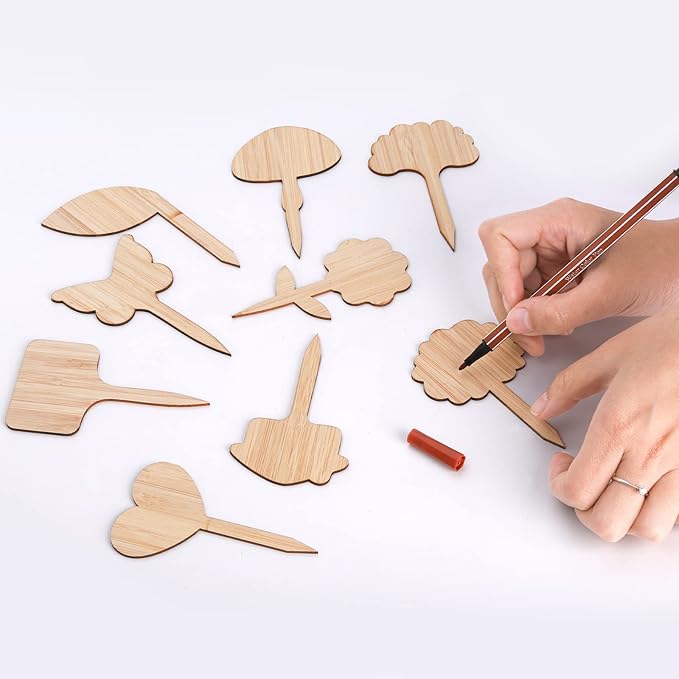 Elsjoy 90 Pack Bamboo Plant Labels, 9 Styles Cute Plant Tags Garden Markers, Wooden Garden Labels for Seeds, Herbs, Vegetables, Gifts