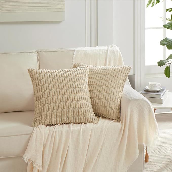 Fancy Homi 4 Packs Tan Decorative Throw Pillow Covers 18x18 Inch for Living Room Couch Bed Sofa, Beige Rustic Farmhouse Boho Home Decor, Soft Plush Striped Corduroy Square Cushion Case 45x45 cm