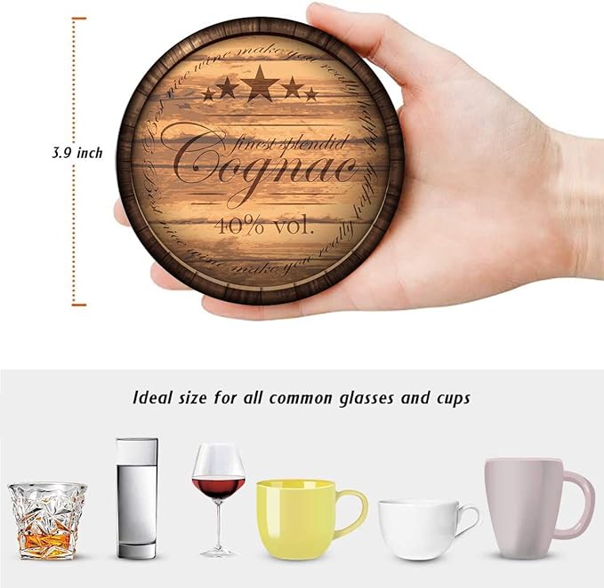 Britimes Set of 6 Coaster for Drinks Absorbent with Cork Base, Metal Holder, Round Wooden Stone Drink Mat for Coffee Wood Table, Gift for Birthday, Farmhouse Housewarming Room Bar Decor Retro 2