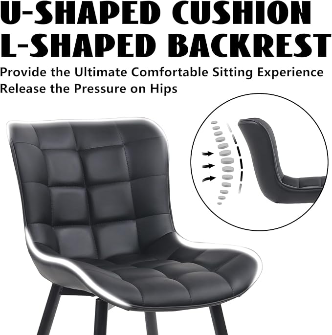 YOUTASTE All Black Dining Chairs Set of 2, Faux Leather Upholstered Armless Chairs with Back and Metal Legs, Mid Century Modern Kitchen Chairs for Living Room, Vanity, or Guest Reception Room