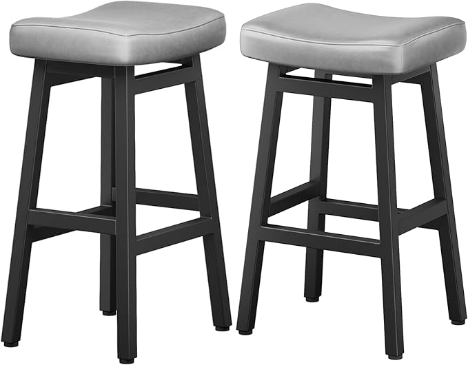 29 Inches Bar Stools Set of 2, Bar Height Barstools for Home Counter, Blackless Barstool with Bonded Leather Saddle Seats & Heavy Duty Metal Legs, Easy Assembly, All Black