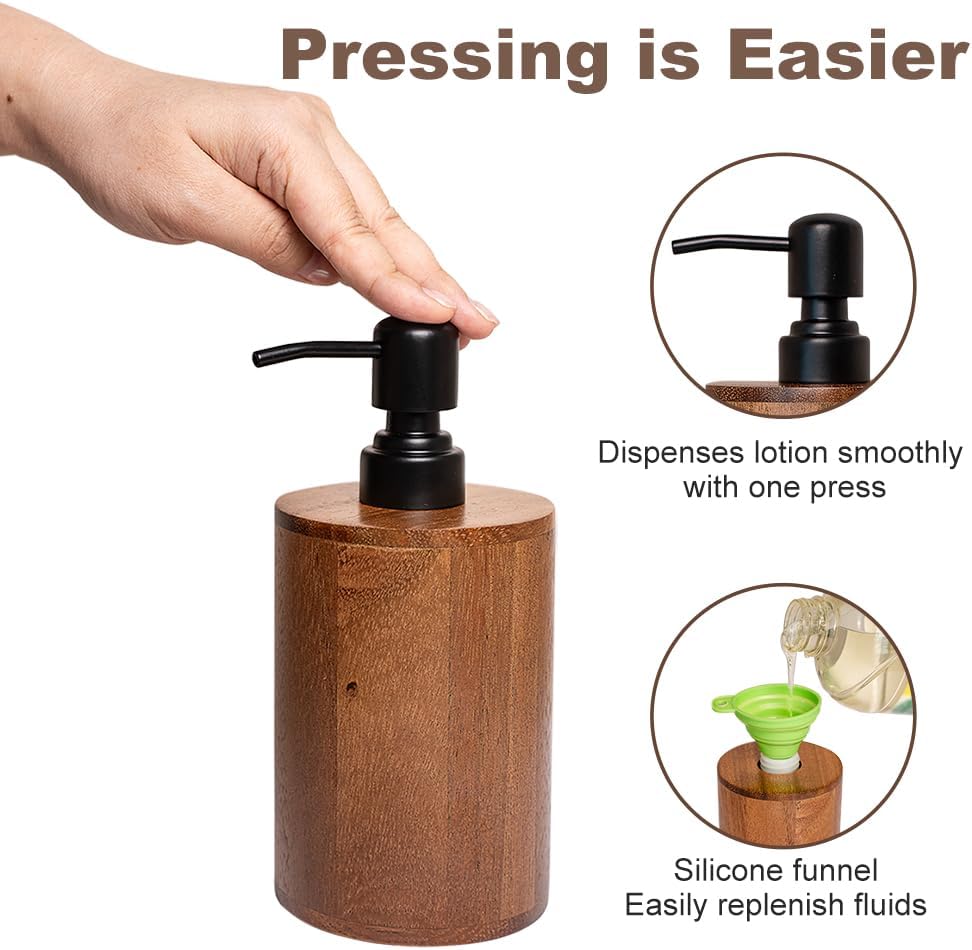 Walnut Wood Soap Dispenser with Pump, Funnel & Label, Refillable Hand Soap Dispenser for Bathroom & Kitchen, Cylinder Design, Rustic Countertop Decor(7oz/200ml)