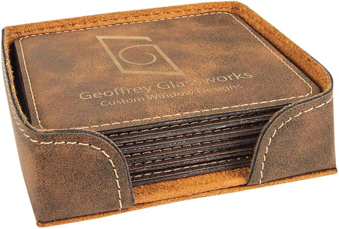Custom Engraved Coasters | Personalized Leather Coaster | Set of 6 | Drink Coasters with Holder | Laser Engraved | Tabletop Protection | Gift for Couples (Square 4" x 4", Rustic w/Gold)