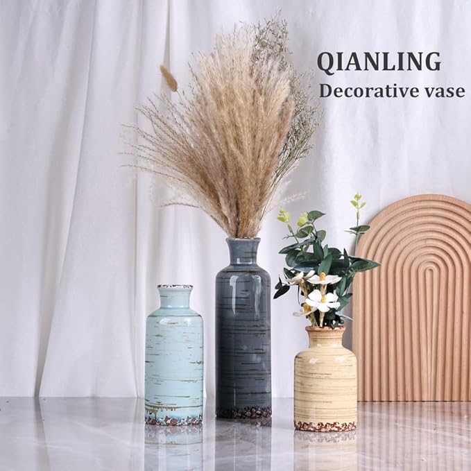 Ceramic Vase Set of 3, Small Flower Vases Home Decor, Modern Rustic Farmhouse Pottery Vases for Centerpieces, Living Room, Kitchen, Shelf, Bedroom, Bathroom, Fireplace, Table Shelf and Entryway Decor