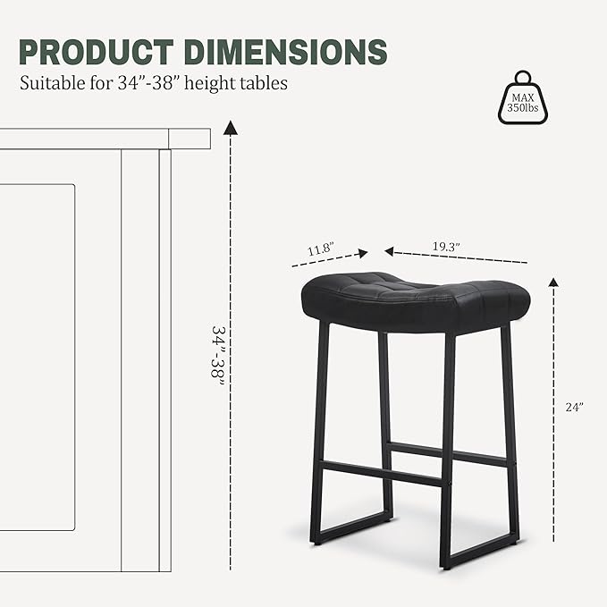 Black Modern Bar Stool for Kitchen Counter Backless Counter Height Barstool with Upholstered Faux Leather Seat and Metal Frame Industrial 24 inch Bar Chair