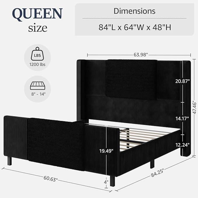 Queen Size Bed Frame with Tall Headboard and Footboard, Boucle and Corduroy Upholstered Bed Frame Queen with LED Lights, Modern Platform Bed Frames, Noiseless, Easy Assembly, Black