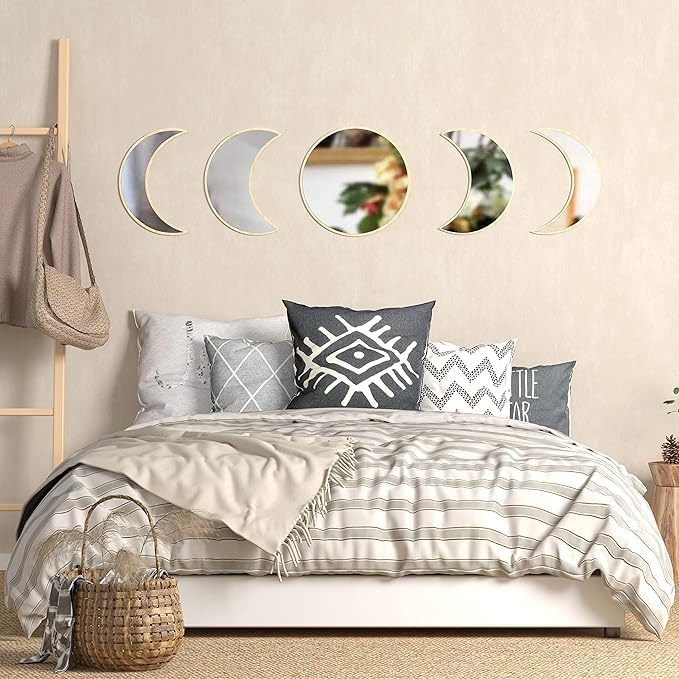 Stylish Moon Phase Wall Mirrors Set – 5-Piece Decorative Acrylic Bohemian Mirrors for Home Decor, Living Room & Bedroom Room(RAW)