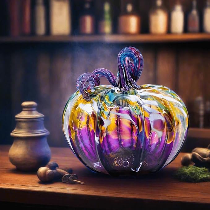 Luke Adams Glass Handmade Glass Pumpkins Handmade Table Top Home Decor (Squat, Purple Potion)