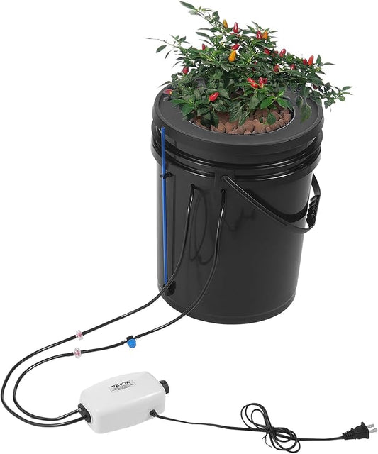VEVOR DWC Hydroponics Grow System, Hydroponic Growing System with Top Drip Kit, 5-Gallon Deep Water Culture with Air Pump, Air Stone and Water Level Device for Leafy Vegetables(1 Bucket+Top Drip Kit)