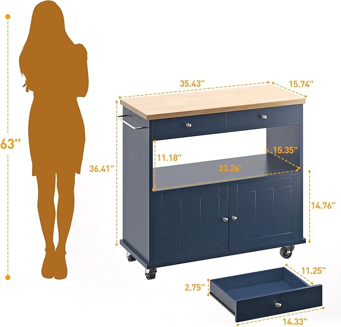 Rolling Kitchen Island with Storage Cabinet, 35.4'' Width Kitchen Cart, 2 Drawers Island Table, Portable Mobile Kitchen Island with Towel Rack, Wood Top and Lockable Wheels, Blue