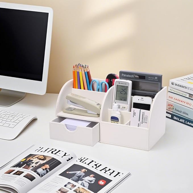 KINGFOM Pu Leather Desk Organizer Pen Pencil Holder Office Supplies Caddy Storage Box 6 Compartments with Drawer White (Full Pu Leather)