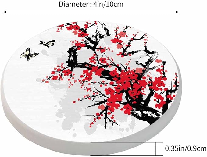 Cherry Branch Drink Coasters Modern Foliage Butterfly China Classic Blossoming Oriental Ink Culture Housewarming Presentss for New Home Present for Friends,2 Pcs,4 X 4 X 0.35 Inches