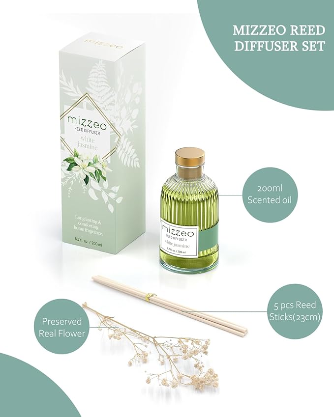 MIZZEO Reed Diffuser Set, White Jasmine 6.76 fl oz Highly Scented Room Diffuser Home Fragrance Essential Oil Reed Flower Diffuser, House Bedroom Office Decor & Gifts
