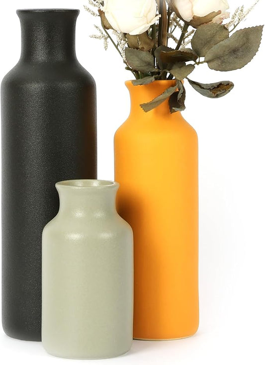 Ceramic Vases Set of 3, Farmhouse Decor Flower Vase for Centerpiece Table Decorations, Boho Decor Vases, Rustic vase in Various Sizes for Living Room,Fireplace, Shelves