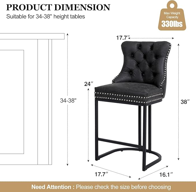 Counter Height Bar Stools Set of 6, 24" Modern Barstools with Back, Faux Leather Upholstery Counter Chairs with Metal Legs for Kitchen Island, Bar, Counter, Black