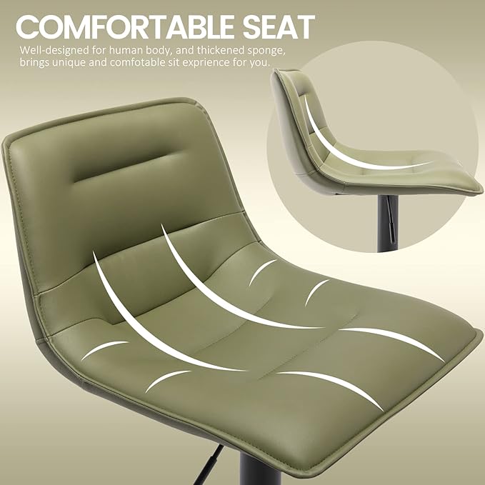 Brage Living Adjustable Bar Stool, Modern PU Leather Swivel Counter Height Barstool with Back, Armless Airlift Curved Bar Chair for Kitchen Dining Cafe, 1 pc (Olive Green, Black Base)