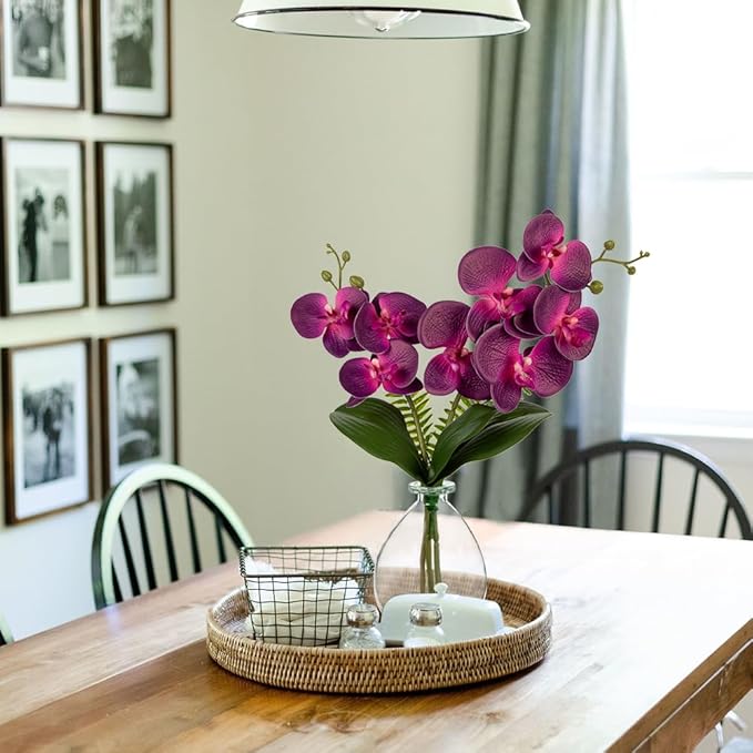 Purple Orchids Artificial Flowers, Faux Orchid in Glass Vase Real Touch Small Phalaenopsis Orchid Flowers Arrangements with Clear Vase Orchid Centerpiece for Dining Room Table
