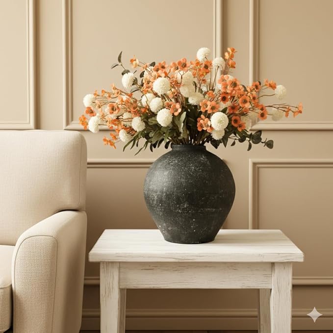 RyddeligHome Artificial White Kiku & Orange Wax Flowers, Bulk Silk Flowers with Long Stems for Vases, Spring Floral Stems Arrangements for Home Decor, Centerpieces for Tables, Rustic Decorations