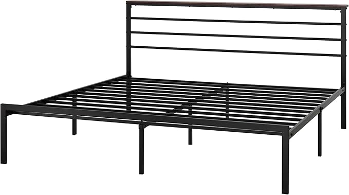 MUTICOR King Size Metal Platform Bed Frame with Shelf Headboard, No Box Spring Needed, Easy Assembly, Brown Shelf