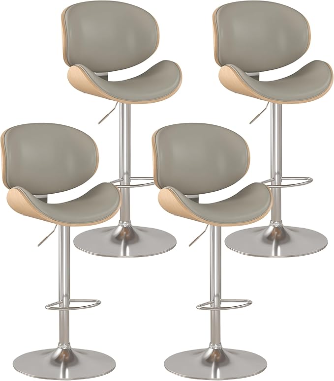 KCC Bar Stools Set of 4, Swivel Adjustable Height Barstools, PU Leather Upholstered Bar Chairs with Footrest, Bentwood Bar Stool for Kitchen, Bar, Dining Room(Grey PU)